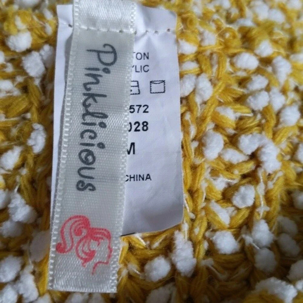 Pinklicious yellow & white nubby knit crew neck sweater, cozy comfy S/M